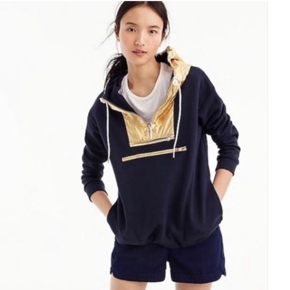 J. Crew Anorak Navy and Metallic Gold Hoodie